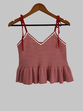 Mable Red White Stripe Knit Tie Strap Peplum Tank Top